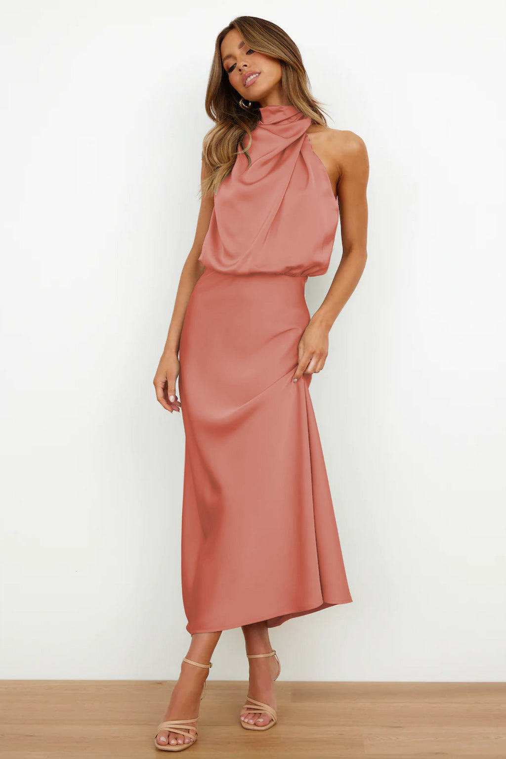 Eastwood and Bloom™ | Long Satin Dress with Halter NeckNoora™ | Long Satin Dress with Halter Neck