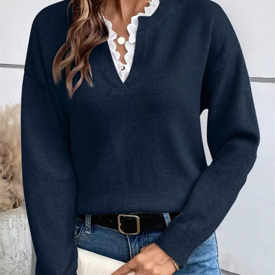 Eastwood and Bloom™ | Rowena – Soft Knit with Lace-Trimmed V-Neck