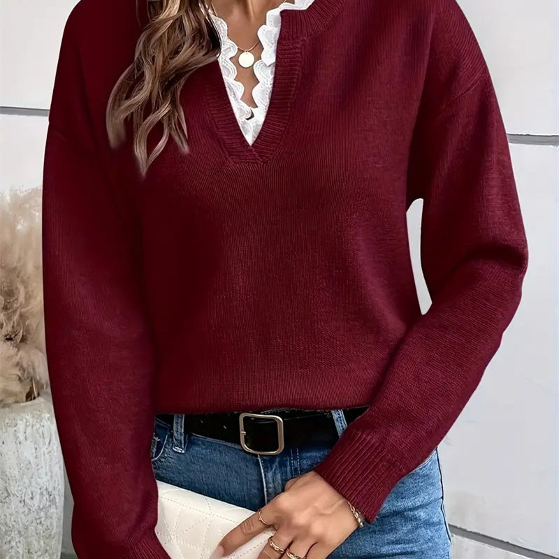 Eastwood and Bloom™ | Rowena – Soft Knit with Lace-Trimmed V-Neck